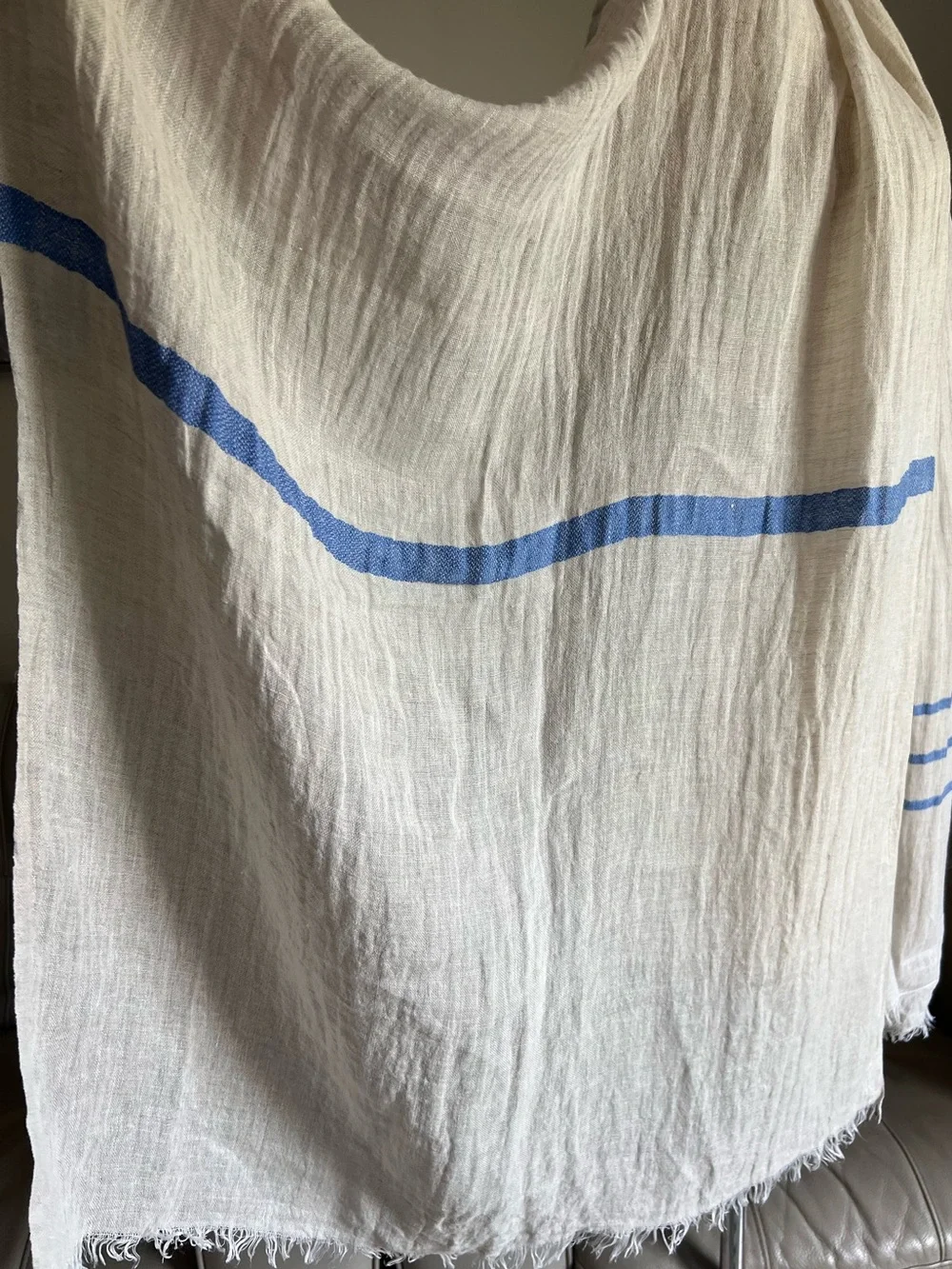 Lapuan Kankurit 100% Linen Scarf  Finland Beige Blue Stripe Boho Chic Loganlook